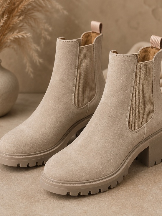 Athlefit Shoes - ATHLEFIT Beige Suede Chelsea Ankle Boots Chunky Heel Lug Sole Fall 2026 Trend